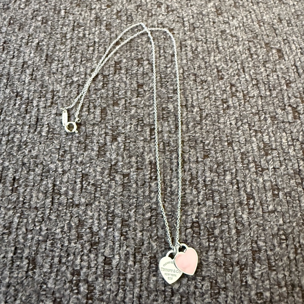Tiffany & Co. Silver Necklace with Pink Heart and Silver Heart Charm - Picture 2 of 5